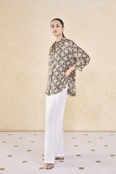 Halidrys Handcrafted Ajrakh Silk Top - Grey